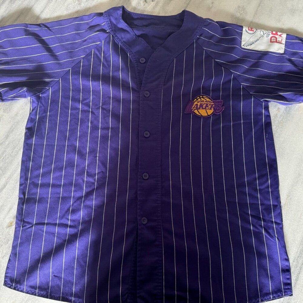 Vintage 90’s LA Lakers NBA Pro Player Purple Pinstripe Baseball Jersey